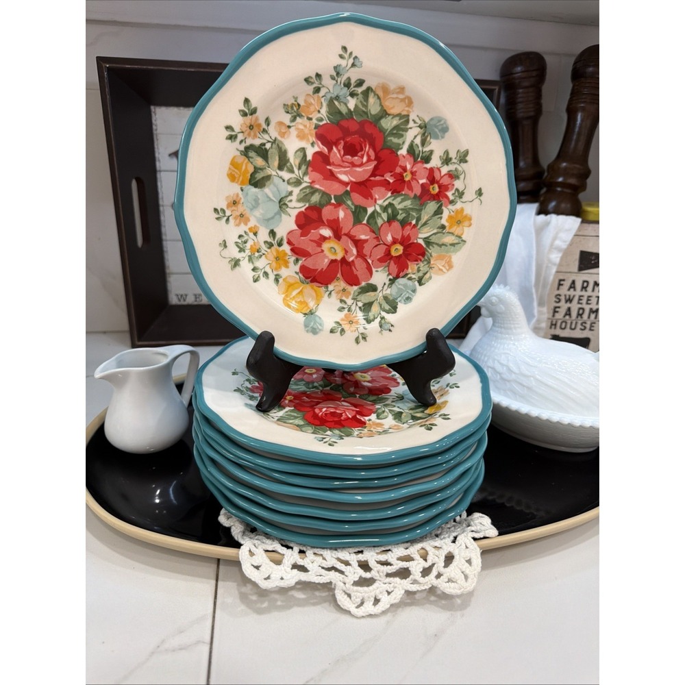 Pioneer Woman Vintage Floral Set 8 Salad Plates Teal Trim Stoneware Red Rose 8.5